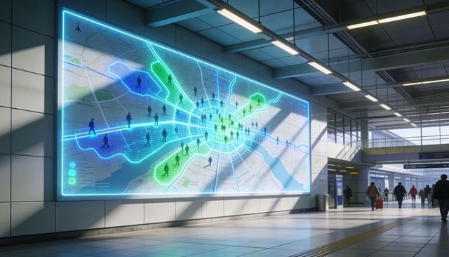 Glowing urban transit map guiding commuters, travelers pulling suitcases in modern concourse
