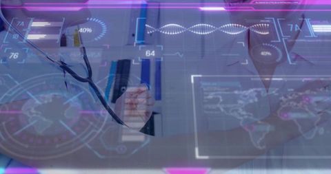 Women doctors collaborating with holographic dna interface for telemedicine diagnostics