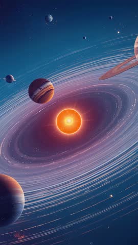 Spinning luminous star with glowing rings and orbiting planets vertical cosmic animation