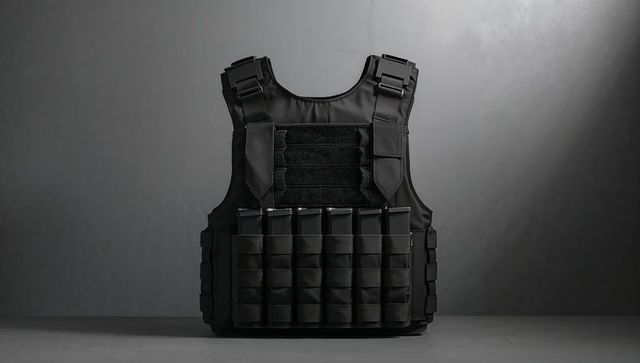 Black tactical armor vest with molle webbing featuring magazine pouches