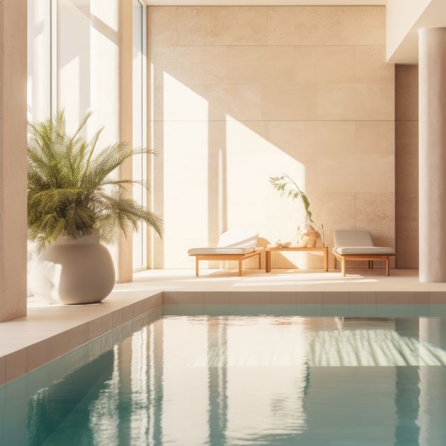 Sunlit Indoor Pool with Modern Lounge Chairs and Green Plants - Download Free Stock Photos Pikwizard.com