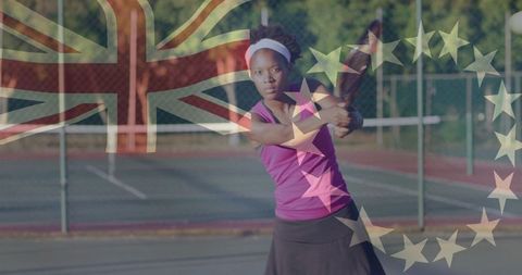 Dynamic female tennis player on court with british and eu symbol overlays