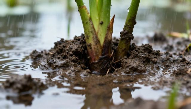 Young shoots sprouting through muddy puddle with rain ripples and reflective water