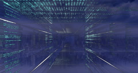 Futuristic Digital Data Stream with Cityscape Background