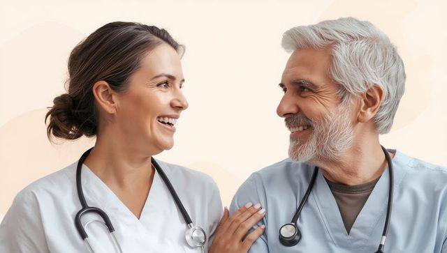 Smiling medical professionals embracing teamwork in healthcare