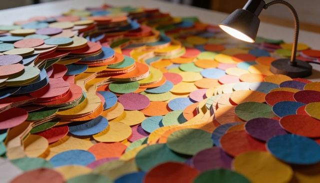 Undulating multicolor paper circles under warm lamp light, closeup texture and pattern