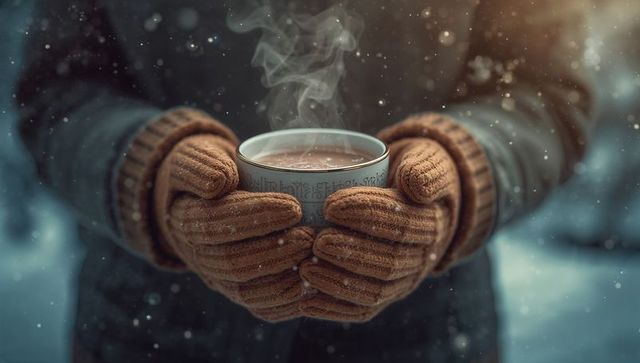 Cozy Winter: Warm Mug Cradling in Snowy Wonderland