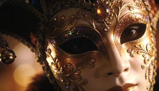 Wearing ornate gold venetian mask with jeweled headpiece at opulent masquerade ball