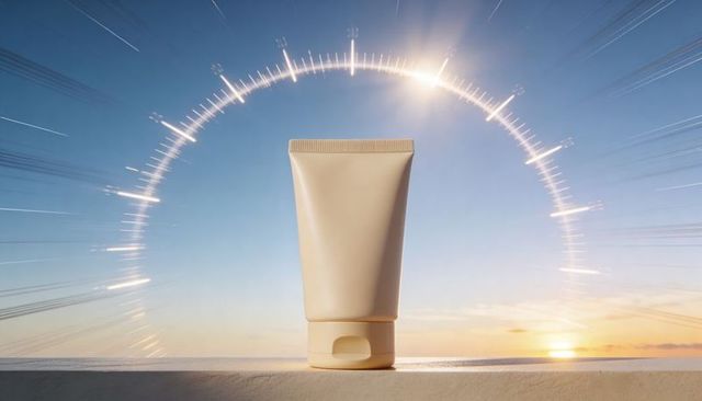 Minimalist beige cosmetic tube standing on coastal ledge at sunrise with glowing halo arc