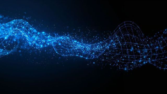 Glowing blue wireframe wave with particle flow and digital network grid