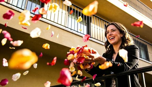 Smiling woman scattering multicolored rose petals from balcony railing celebrating joy