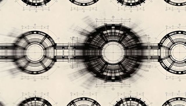 Radial industrial schematic showing blurred motion rings on cream blueprint texture plan