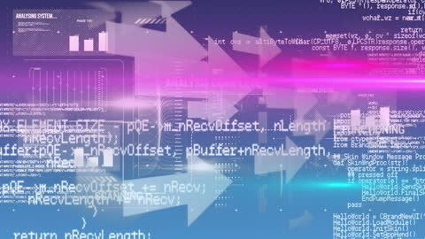 Digital Data Streams and Arrows on Blue Background with Code