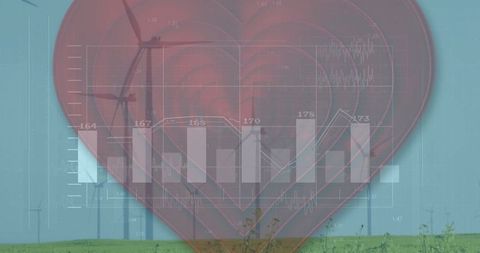Translucent heart overlay with wind turbines on grassy field