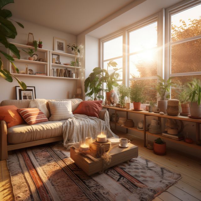 A charming living room features a comfortable couch covered with soft pillows and blankets. The room is illuminated by warm sunset light streaming through large windows, enhancing the cozy atmosphere. Numerous houseplants, bookshelves, and candles create a relaxing environment. This image is generally used to represent modern home decor, a peaceful and comfortable living space, indoor gardening, hygge lifestyle, and warm and inviting interiors.