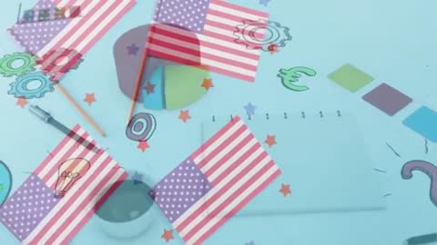 USA Flags with Financial Symbols Overlapping Economic Charts