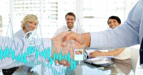 Business handshake sealing energy and finance deal with digital data overlay in boardroom