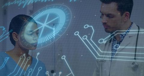 Medical team collaborating with futuristic holographic interface for clinical consultation