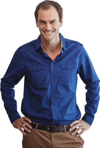 Transparent Portrait of Smiling Man with Hands on Hips in Blue Shirt