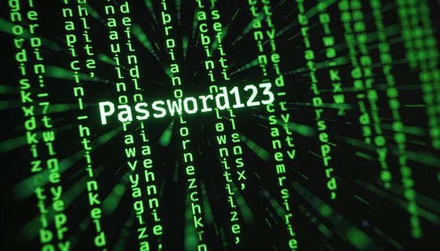 Glowing Password123 in Matrix-Style Code Tunnel Highlighting Weak Password Security Risk