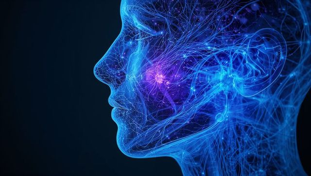 Neural mesh profile revealing luminous synapse network and digital neural pathways