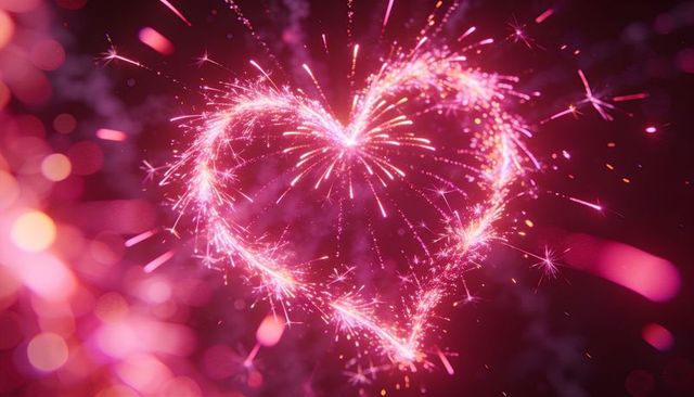 Sparkling magenta heart firework trail glowing bokeh valentine glitter particles burst