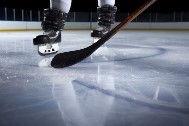 Close-up of a hockey player's skates and stick on ice, with copy space. The image captures the essence of ice hockey and the skill involved in the sport.
