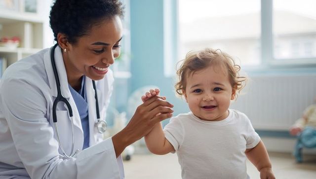 Smiling pediatrician holding toddler's hand during routine checkup in bright clinic