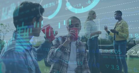 Diverse Friends Socializing Amidst Virtual Financial Overlay