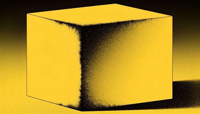 Yellow Geometric Cube Casting Long Shadow with Stippled Corner on Gradient Backdrop