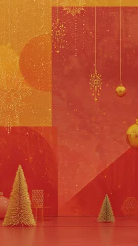 Vertical holiday stage with drifting sparkles, swaying golden baubles and miniature fir trees