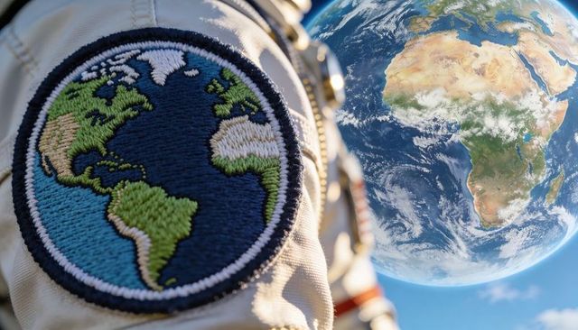 Embroidered earth patch on spacesuit sleeve with full globe visible in orbit