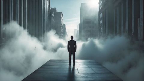 Man in suit facing city skyline among dense fog