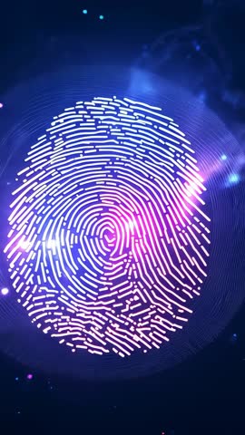 Animating neon fingerprint scanner with halo burst and particle glow for biometric security