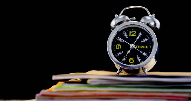 An alarm clock is perched on a stack of colorful documents against a black background, with copy space. The clock symbolizes time management or deadlines in a business or educational setting.