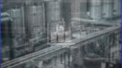 Visual depicts a futuristic digital overlay illustrating data processing and analysis over an industrial warehouse environment. Ideal for showcasing concepts in digital transformation of businesses and industries, integrating technology with manufacturing logistics. Suitable for use in presentations, marketing materials, or articles discussing industry 4.0 advancements.