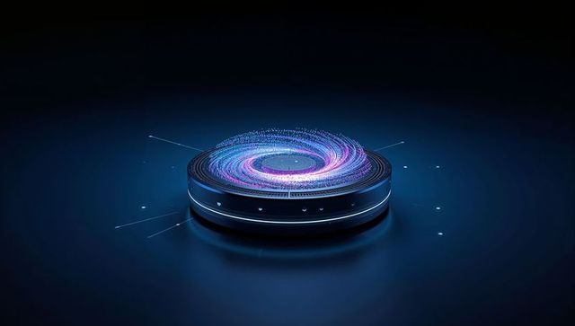 Holographic data vortex projector emitting neon spiral above futuristic led ring