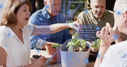 Seniors gardening together on sunlit patio tending seedlings in planters promoting community