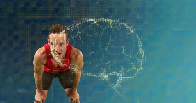Image of digital brain spinning over sportsman resting. global sports, fitness and data processing concept digitally generated image.