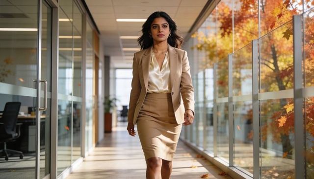 Confident businesswoman walking through modern glass office corridor with autumn light