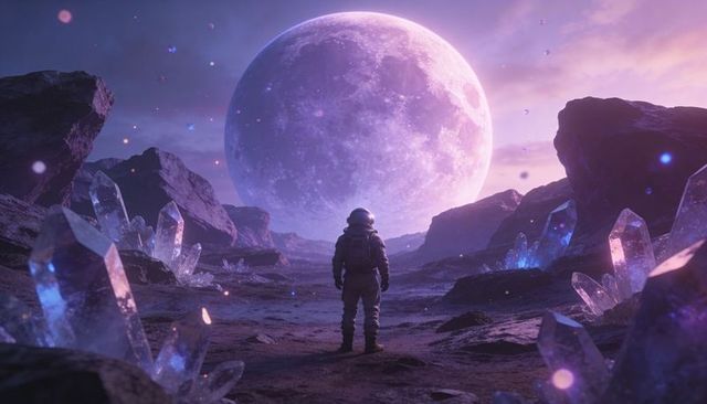 Astronaut standing on crystal-covered alien plain facing giant moon at twilight