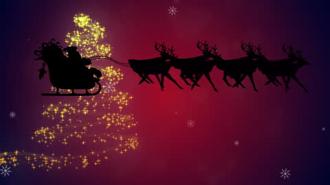 Santa's Sleigh Silhouette Flying Over Sparkling Christmas Tree