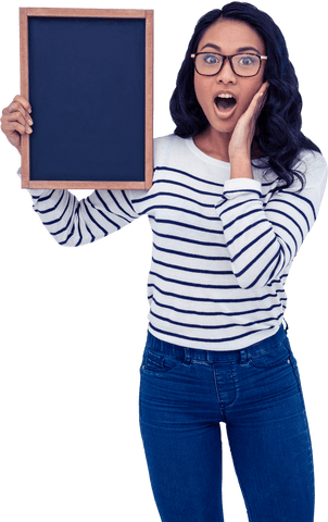surprised woman in striped shirt holding transparent blackboard - Download Free Stock Videos Pikwizard.com