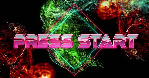 Retro futuristic press start banner with neon digital waves