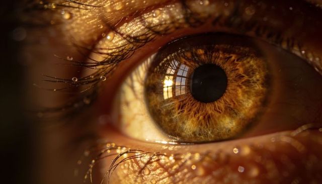 Revealing macro hazel eye with window reflection and glistening tears on lashes