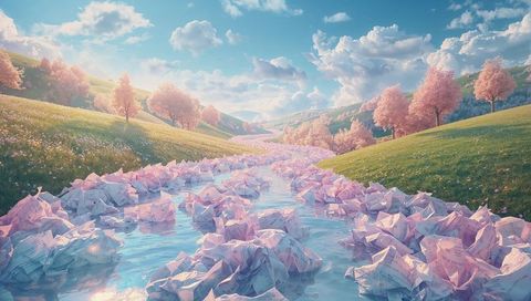 Pastel River of Origami Boats Drifting Through Sunlit Cherry Orchard Valley