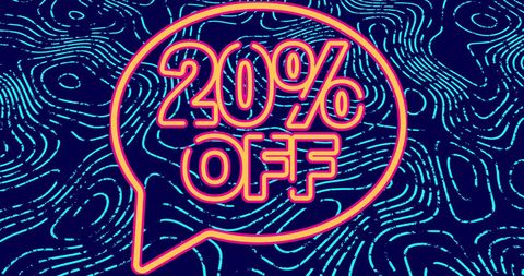 Futuristic 20 percent off glowing text overlay on blue pattern