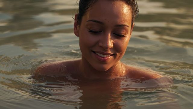 Sunlit smiling woman emerging from calm lake at golden hour with reflective water