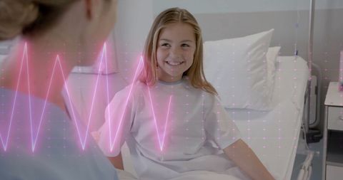 Smiling Girl with Doctor and Digital Heartbeat Overlay in Hospital