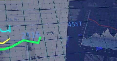 Translucent analytics dashboard showing grid overlay with colorful trend lines and metrics